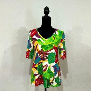 Chico’s Women Colorful Leaves V Neck Tee Size 1/Small